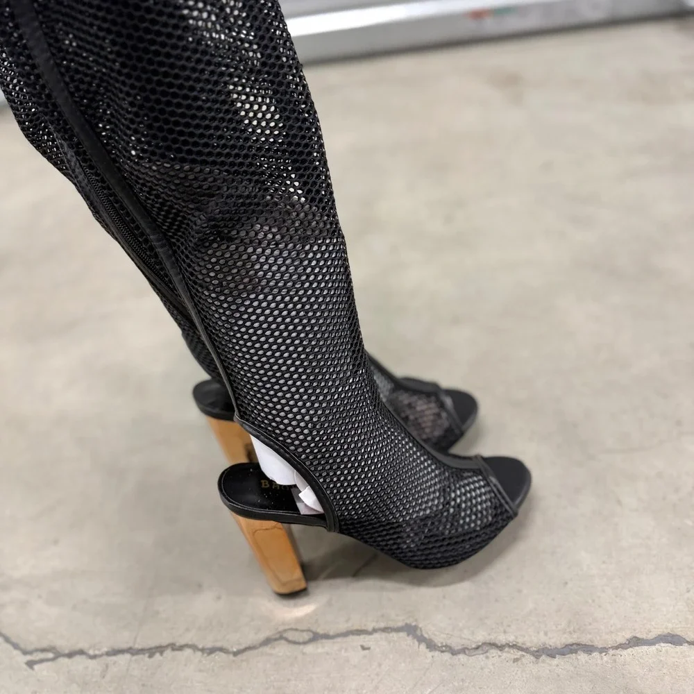 Bamboo Spotlight Black Mesh Over The Knee Boots Gold Block Heel Peep Toe Size 9